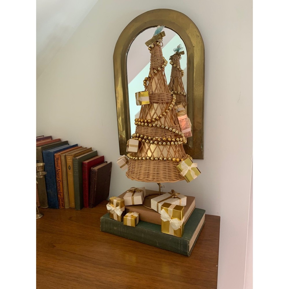 Vintage Harry and David Wicker Tree with Mercury Glass Beads and Decorations